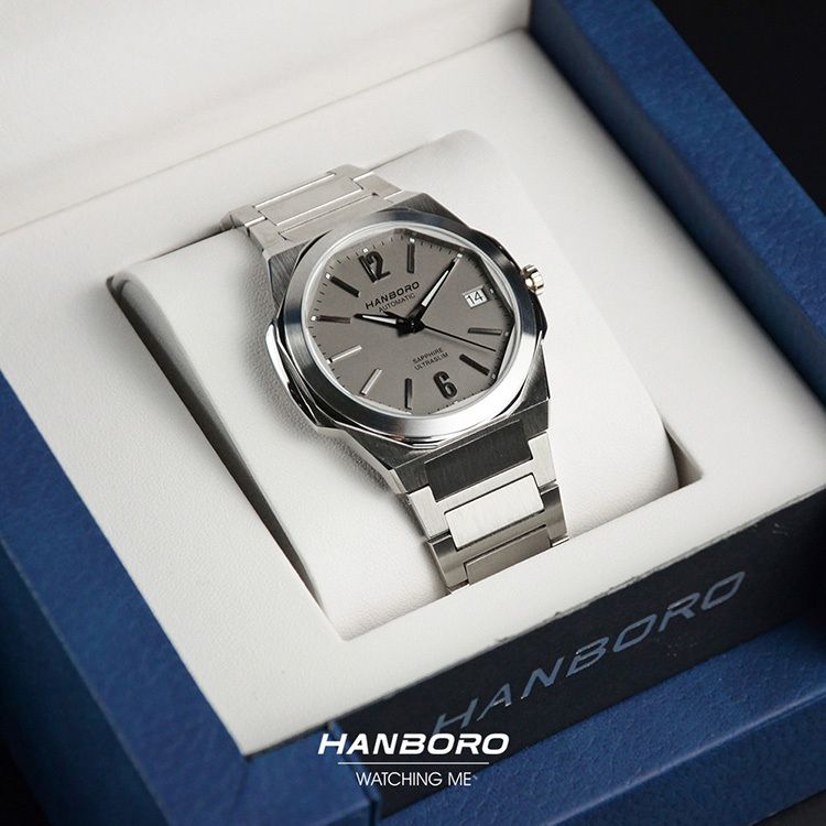 HANBORO | 超薄鋼王系列 018SGRAS | 2026年秋季新品 超薄 珍珠陀 隕石灰 自動鏤空機械錶 手錶 盒裝展示