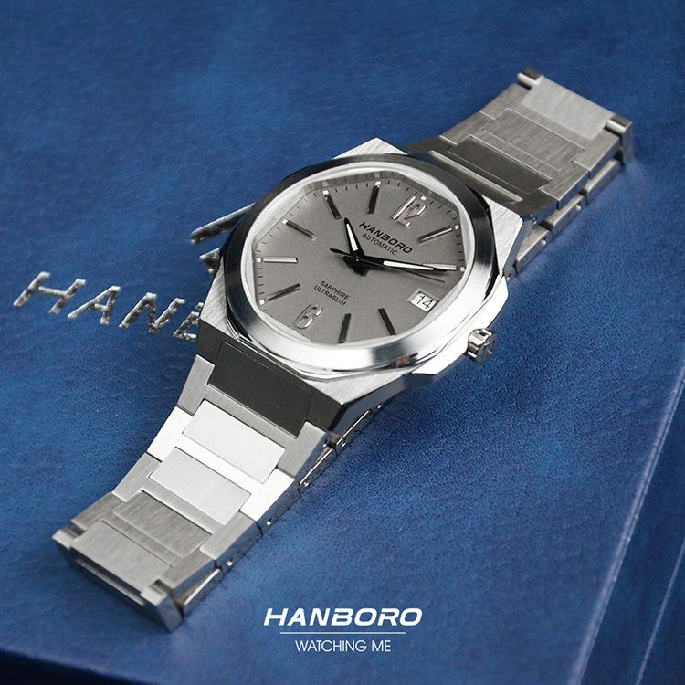 HANBORO | 超薄鋼王系列 018SGRAS | 2026年秋季新品 超薄 珍珠陀 隕石灰 自動鏤空機械錶 手錶 實體正右側