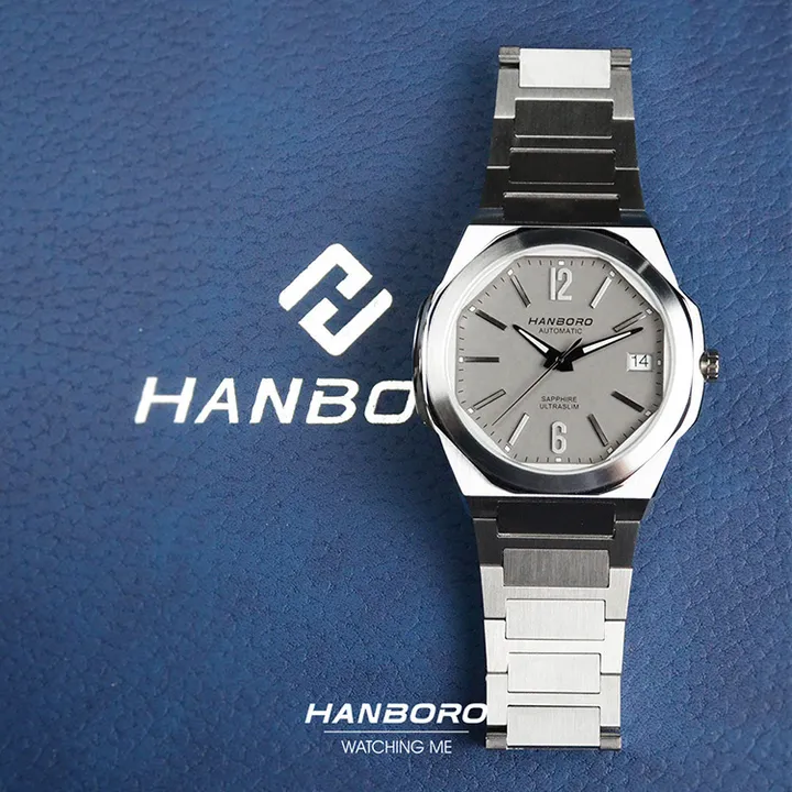 HANBORO | 超薄鋼王系列 018SGRAS | 2026年秋季新品 超薄 珍珠陀 隕石灰 自動鏤空機械錶 手錶 實體正面
