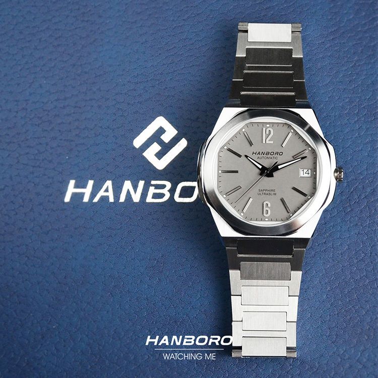 HANBORO | 超薄鋼王系列 018SGRAS | 2026年秋季新品 超薄 珍珠陀 隕石灰 自動鏤空機械錶 手錶 實體正面
