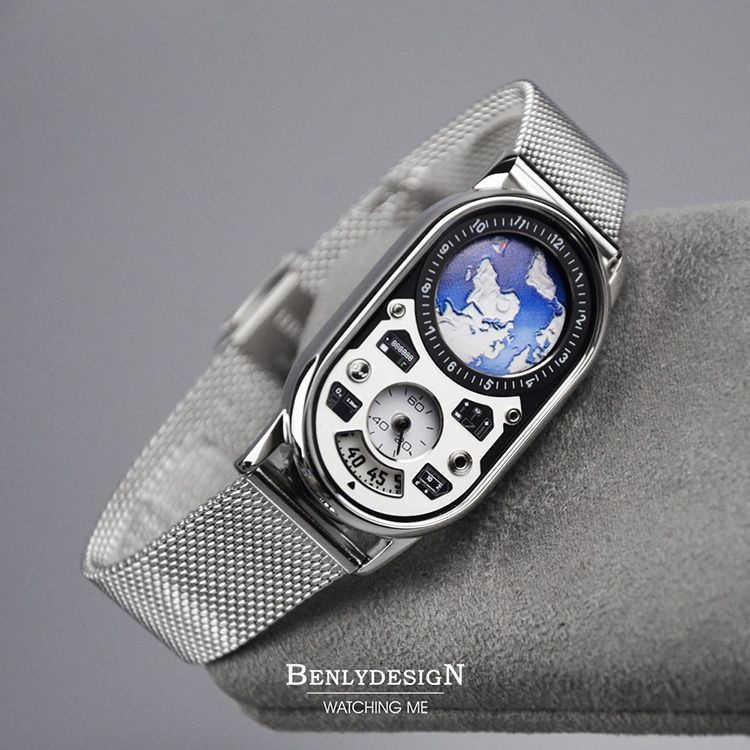 【全球限量】Benlydesign | PD2-E | 2026年9月新款 星球儀表板II 地球 銀框黑色錶帶 石英腕錶 米蘭帶錶面細節