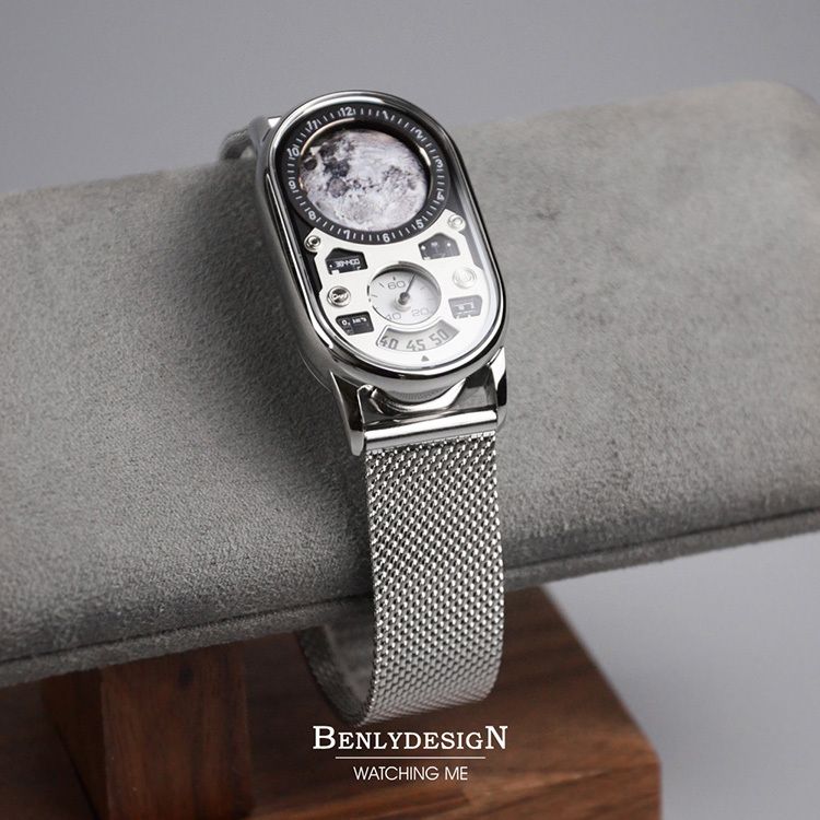 【全球限量】Benlydesign | PD2-MOG | 2026年9月新款 星球儀表板II 月球 銀框灰色錶帶 石英腕錶 米蘭帶下緣細節