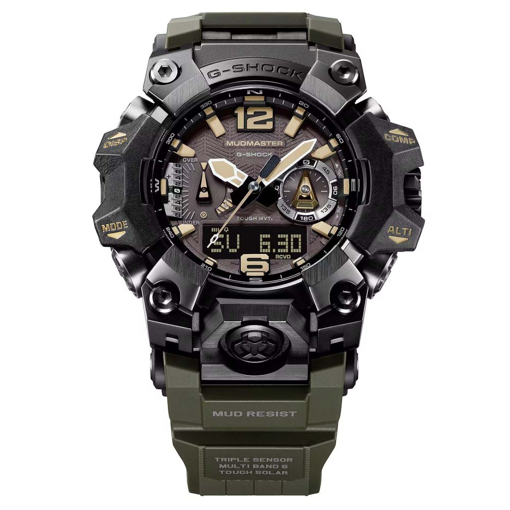 CASIO 卡西歐 | G-SHOCK MUDMASTER GWG-B1000-1A3 | 2026年10月新款 戰術裝備風格 橄欖綠戶外雙顯手錶 大錶徑 正面細節