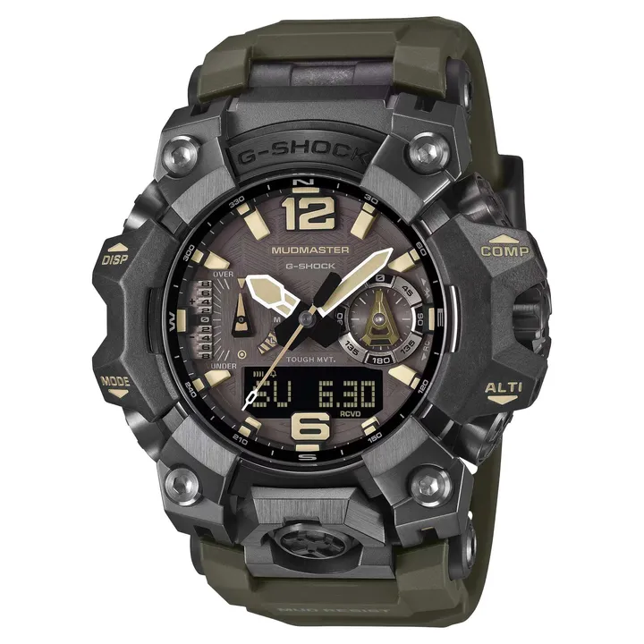 CASIO 卡西歐 | G-SHOCK MUDMASTER GWG-B1000-1A3 | 2026年10月新款 戰術裝備風格 橄欖綠戶外雙顯手錶 大錶徑 正右側