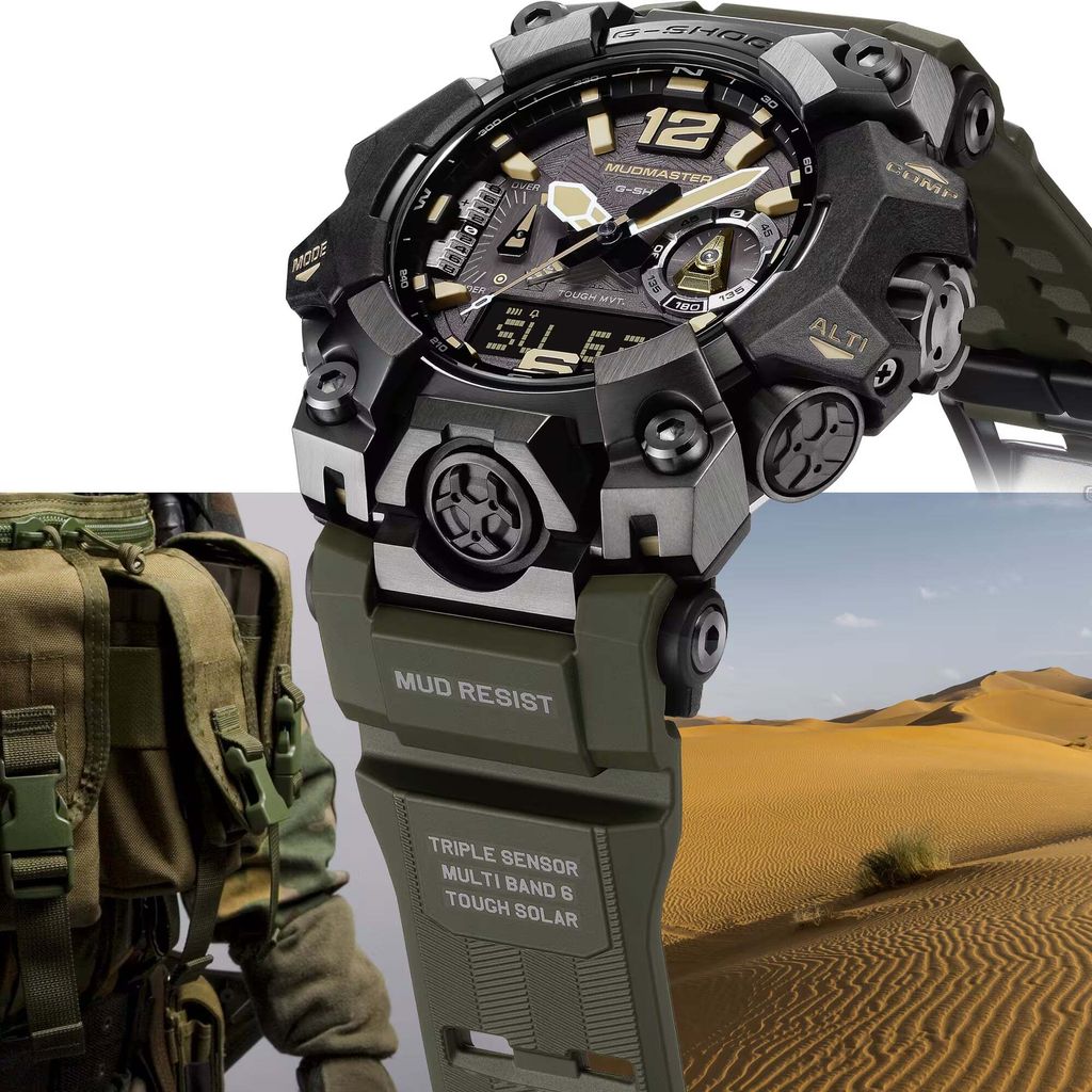 CASIO 卡西歐 | G-SHOCK MUDMASTER GWG-B1000-1A3 | 2026年10月新款 戰術裝備風格 橄欖綠戶外雙顯手錶 大錶徑  錶面細節