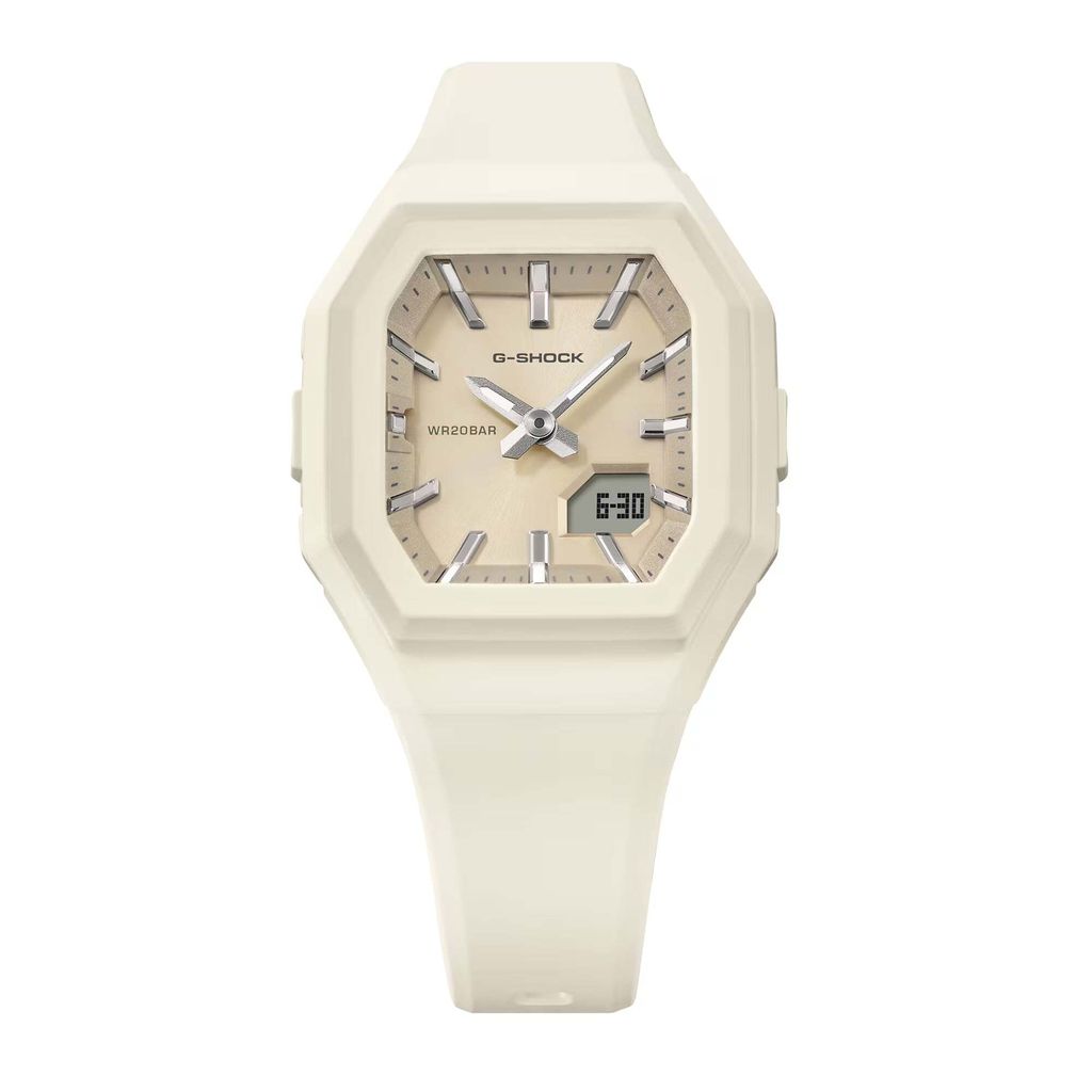 CASIO 卡西歐 G-SHOCK | GMA-S160-7A | 2026年10月新款 優雅俐落 霧面奶白 指針數位雙顯女錶 正面錶帶細節