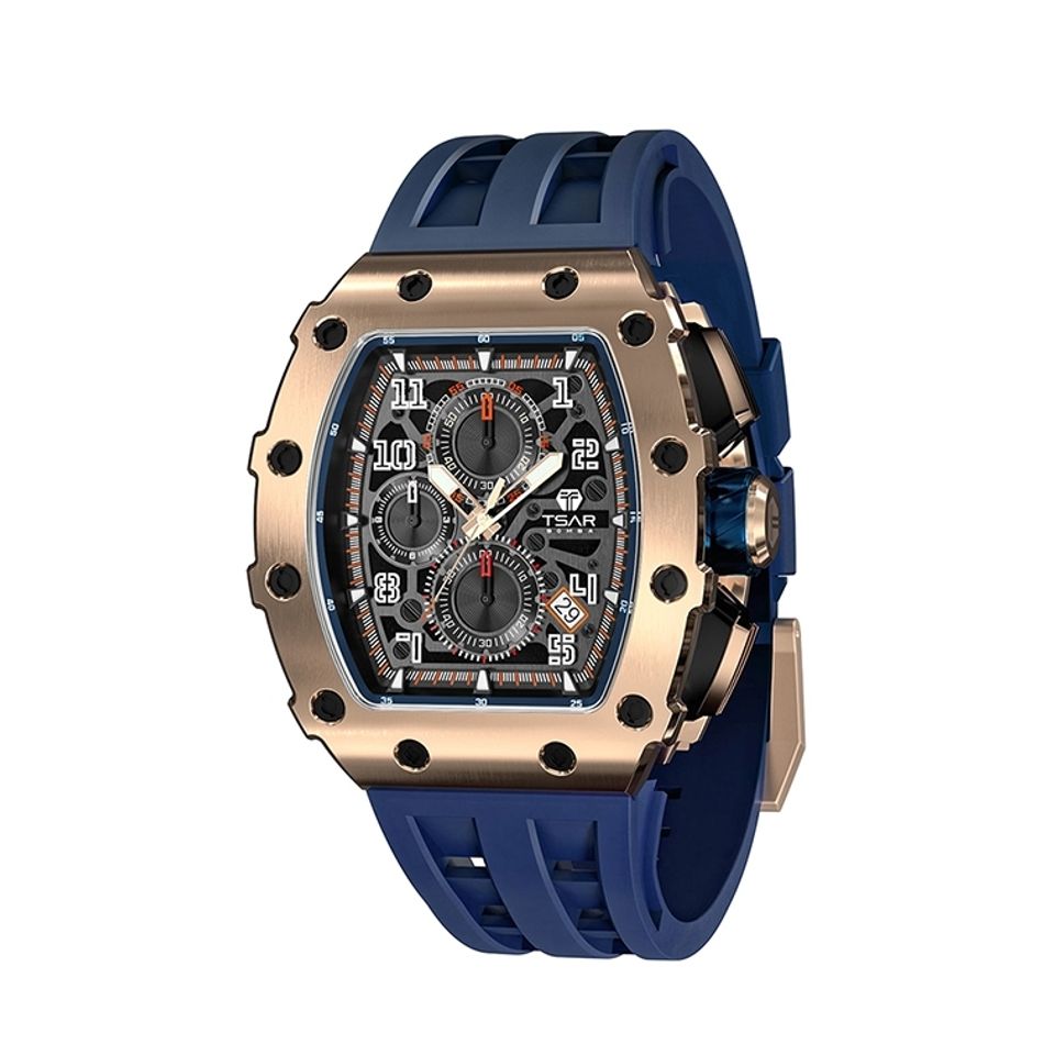 Tsar Bomba 機械公爵 | 元素系列 TB8204Q-05/41 | 玫瑰金錶框 深藍氟橡膠錶帶 三眼錶盤 石英錶側面