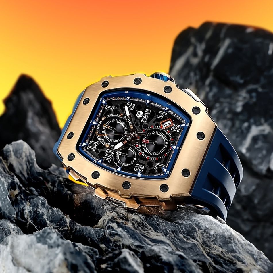 Tsar Bomba 機械公爵 | 元素系列 TB8204Q-05/41 | 玫瑰金錶框 深藍氟橡膠錶帶 三眼錶盤 石英錶橫躺錶面細節