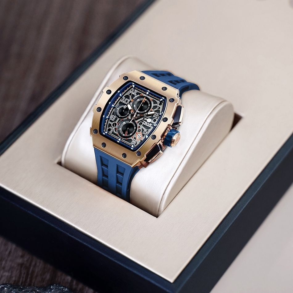 Tsar Bomba 機械公爵 | 元素系列 TB8204Q-05/41 | 玫瑰金錶框 深藍氟橡膠錶帶 三眼錶盤 石英錶右側展示