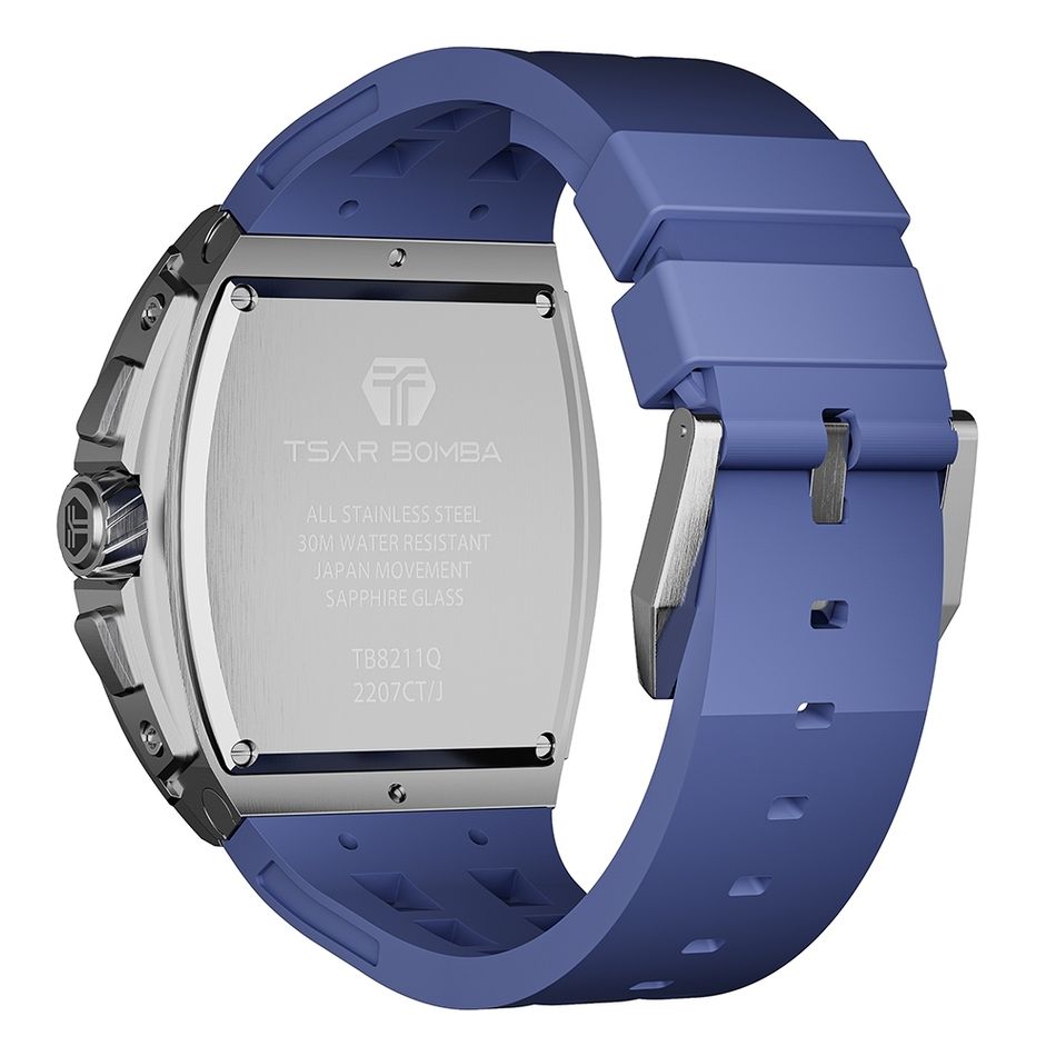 Tsar Bomba 機械公爵 | 元素系列 TB8211Q-03 | 銀錶框 藍色氟橡膠錶帶 鏤空錶盤 石英錶背面
