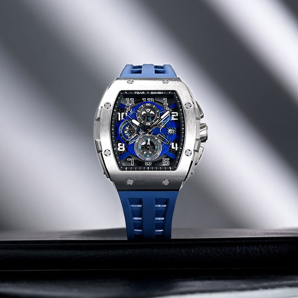 Tsar Bomba 機械公爵 | 元素系列 TB8211Q-03 | 銀錶框 藍色氟橡膠錶帶 鏤空錶盤 石英錶正面展示