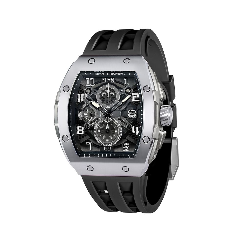 Tsar Bomba 機械公爵 | 元素系列 TB8211Q-01 | 銀錶框 黑色氟橡膠錶帶 鏤空錶盤 石英錶側面