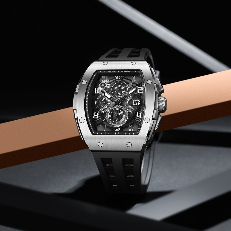 Tsar Bomba 機械公爵 | 元素系列 TB8211Q-01 | 銀錶框 黑色氟橡膠錶帶 鏤空錶盤 石英錶正面展示