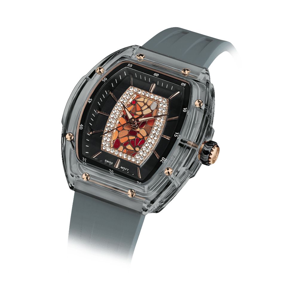 Tsar Bomba 機械公爵 | TB8219L-01 | 輕量化錶框 槍灰色氟橡膠錶帶 水鑽多彩錶盤 石英錶錶面細節