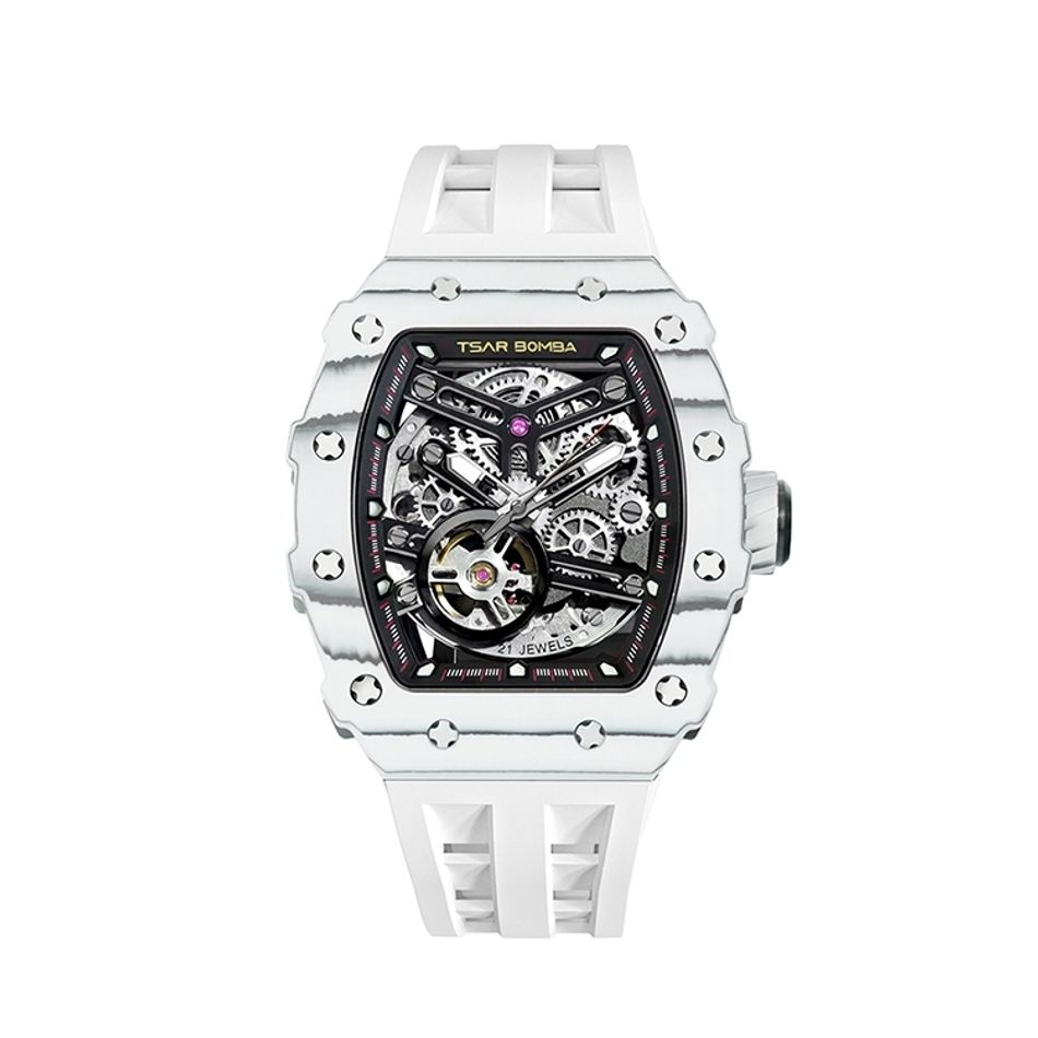 Tsar Bomba 機械公爵 | 元素系列 TB8208CF-05/35 | 白色碳纖維框 白色矽膠錶帶 蜘蛛錶盤 自動機械錶正面