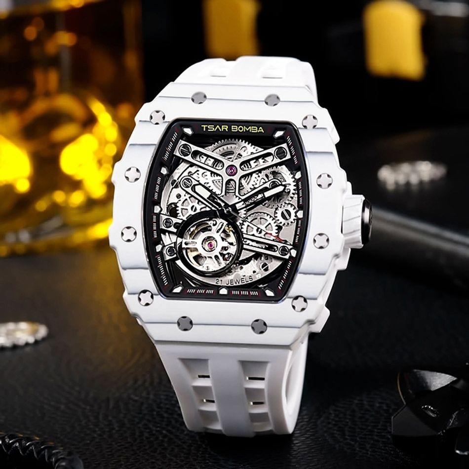 Tsar Bomba 機械公爵 | 元素系列 TB8208CF-05/35 | 白色碳纖維框 白色矽膠錶帶 蜘蛛錶盤 自動機械錶錶面細節