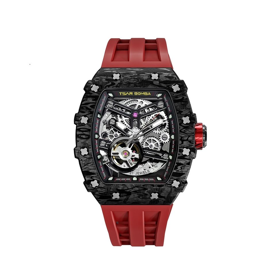 Tsar Bomba 機械公爵 | 元素系列 TB8208CF-09 | 黑色碳纖維錶框 紅色矽膠錶帶 鏤空錶盤 自動機械錶正面