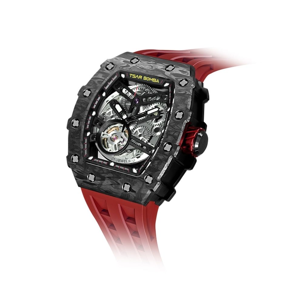 Tsar Bomba 機械公爵 | 元素系列 TB8208CF-09 | 黑色碳纖維錶框 紅色矽膠錶帶 鏤空錶盤 自動機械錶側面細節