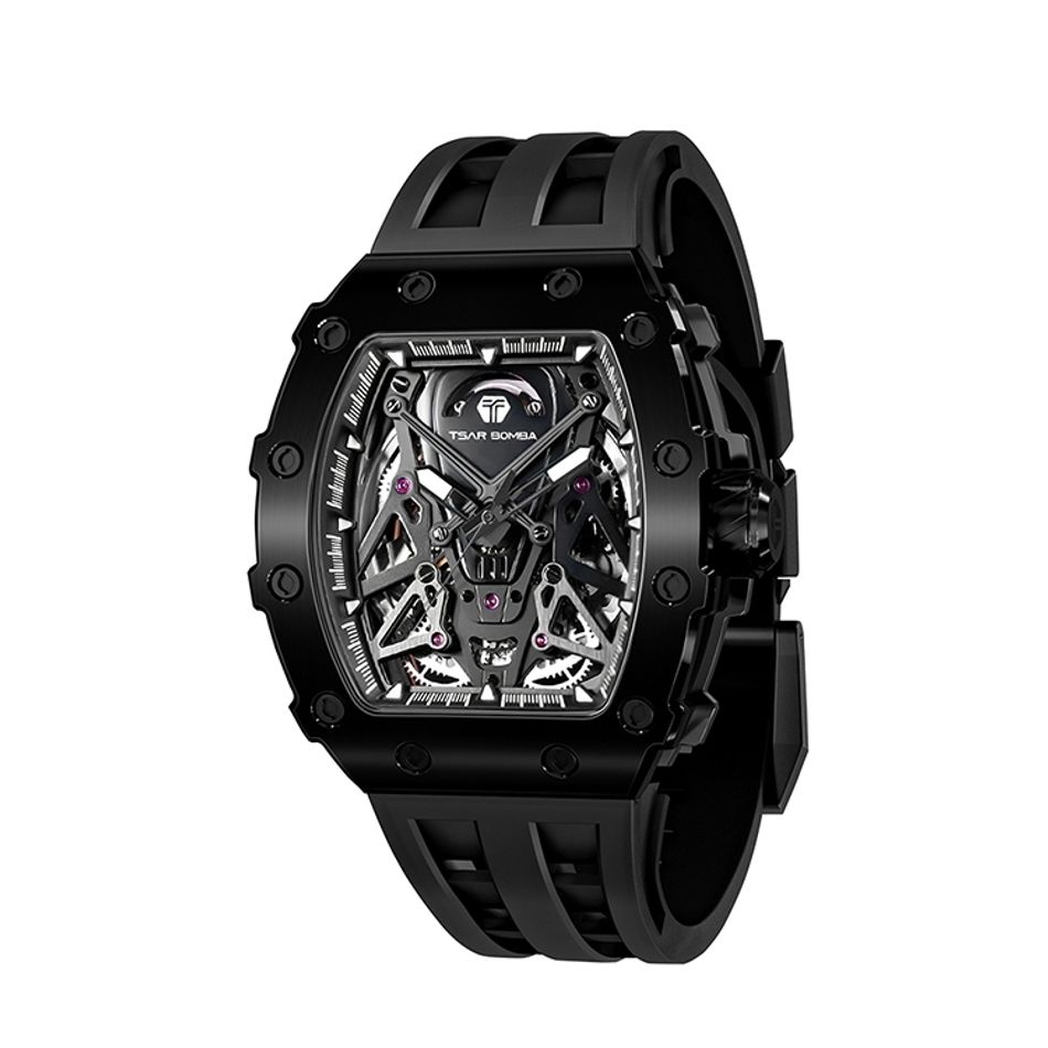Tsar Bomba 機械公爵 | 元素系列 TB8207A-02 | 黑色鋼框 黑色錶帶 蜘蛛錶盤 舒適耐用橡膠錶帶 自動機械錶側面