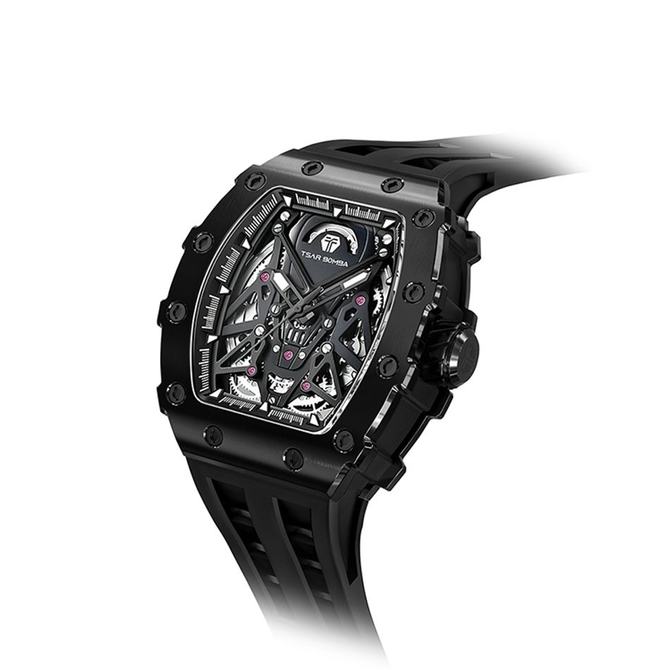 Tsar Bomba 機械公爵 | 元素系列 TB8207A-02 | 黑色鋼框 黑色錶帶 蜘蛛錶盤 舒適耐用橡膠錶帶 自動機械錶側面細節