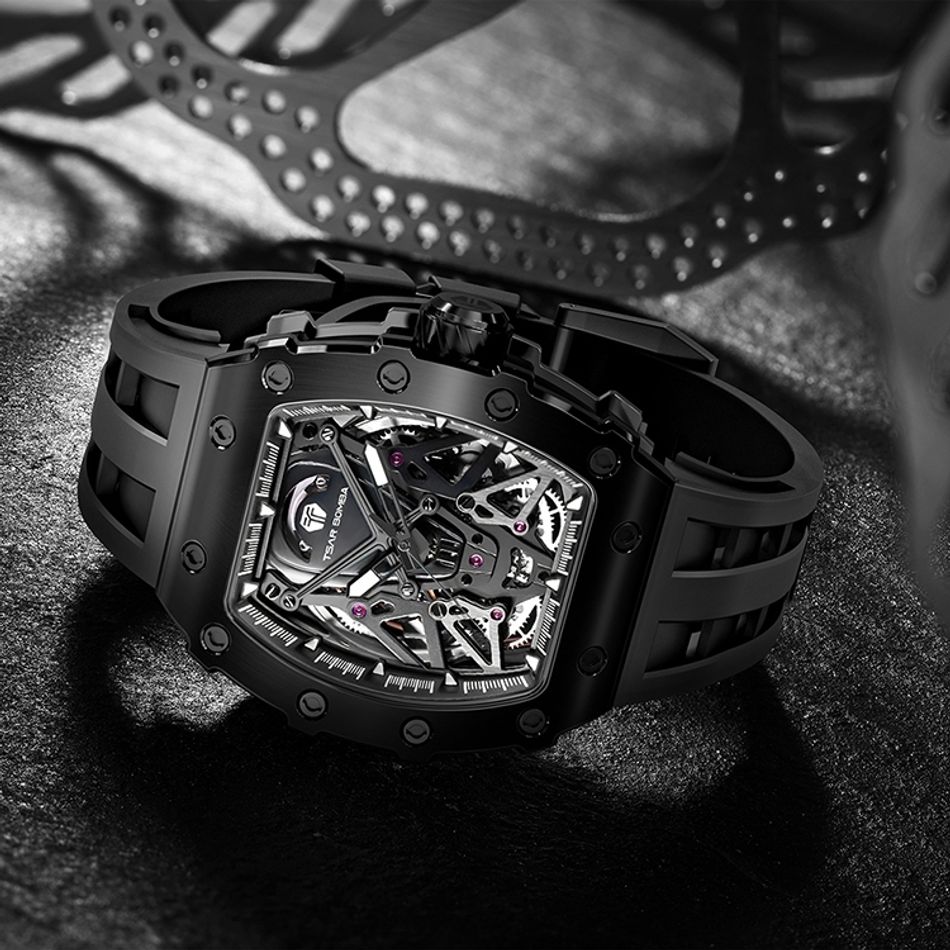 Tsar Bomba 機械公爵 | 元素系列 TB8207A-02 | 黑色鋼框 黑色錶帶 蜘蛛錶盤 舒適耐用橡膠錶帶 自動機械錶橫躺展示