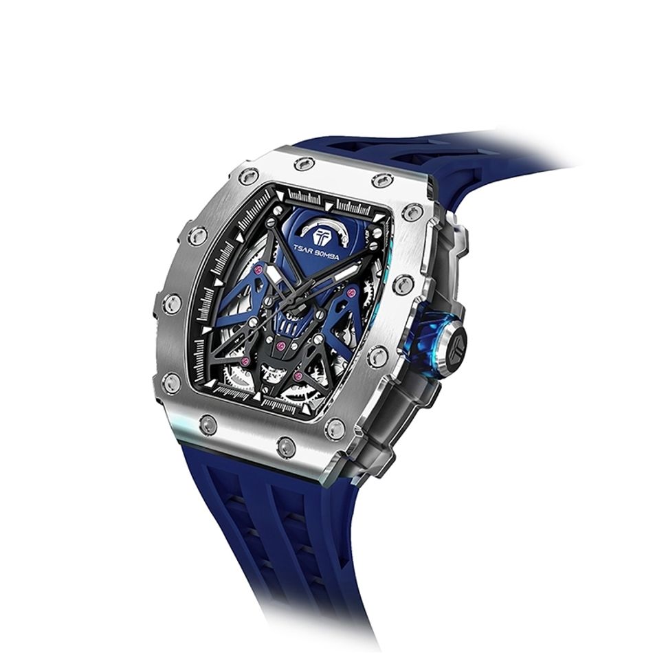 Tsar Bomba 機械公爵 | 銀色鋼錶框 TB8207A-03 | 藍色錶帶 蜘蛛錶盤 舒適耐用橡膠錶帶 自動機械錶右側錶盤細節