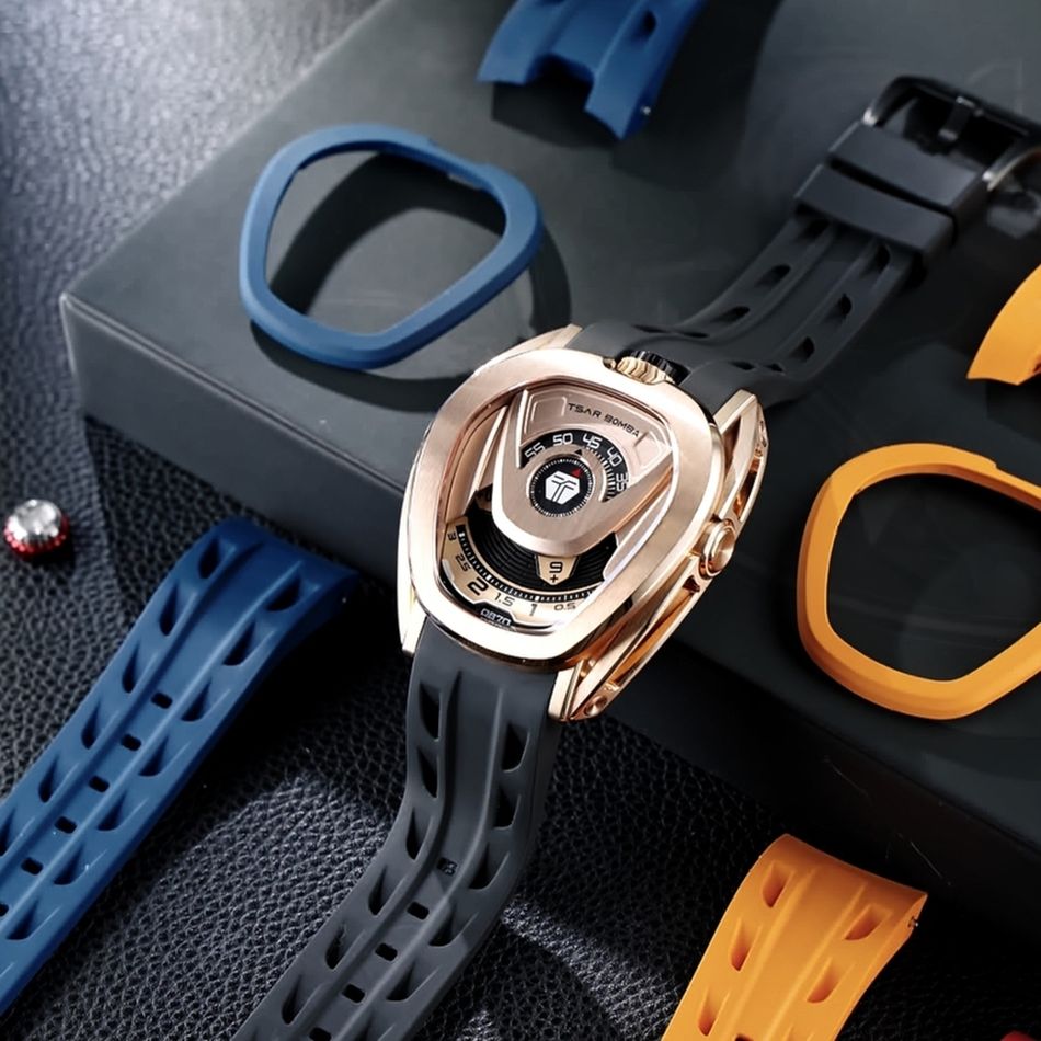 Tsar Bomba 機械公爵 | Reactor系列 TB8213A-07 | 配件可自由拆換 自動上鍊 玫瑰金框 黑色氟橡膠錶帶 機械錶右側平攤