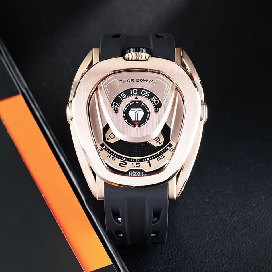 Tsar Bomba 機械公爵 | Reactor系列 TB8213A-07 | 配件可自由拆換 自動上鍊 玫瑰金框 黑色氟橡膠錶帶 機械錶正面展示