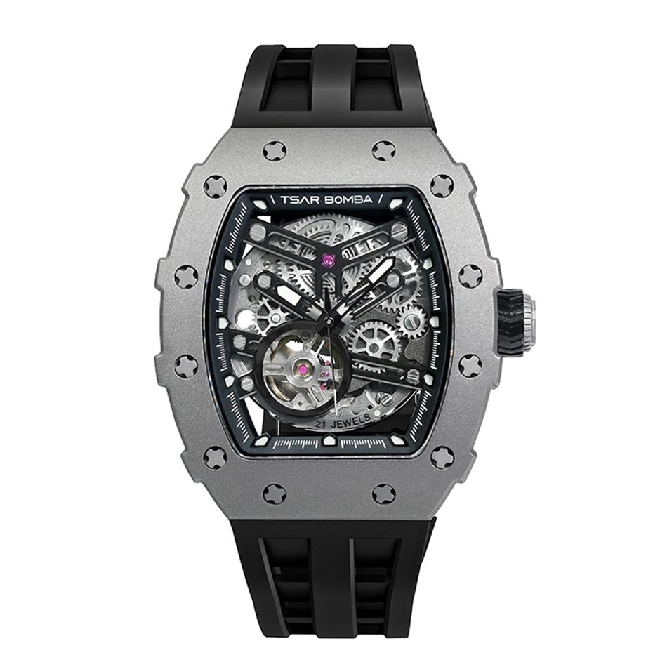 Tsar Bomba 機械公爵 | 元素系列 TB8208T-01 | 銀色鈦合金錶框 黑色矽膠錶帶 鈦金永恆 自動機械錶正面