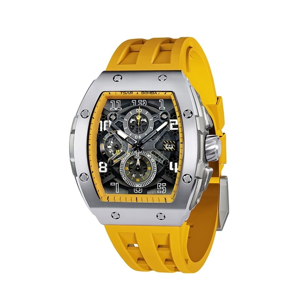 Tsar Bomba 機械公爵 | 元素系列 TB8211Q-06 | 銀錶框 黃氟橡膠錶帶 鏤空錶盤 石英錶側面