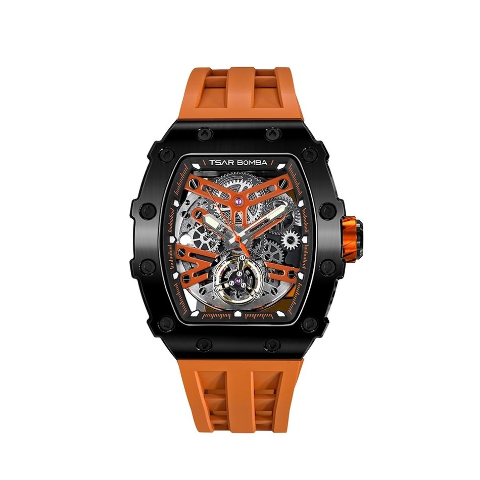 Tsar Bomba 機械公爵 | 元素系列 TB8208A-01/40 | 黑色鋼錶框 橘色矽膠錶帶 鏤空錶盤 自動機械錶正面