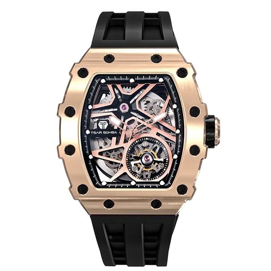Tsar Bomba 機械公爵 | 元素系列 TB8209A-05 | 金色鋼錶框 黑色矽膠錶帶 鏤空錶盤 自動機械錶正面