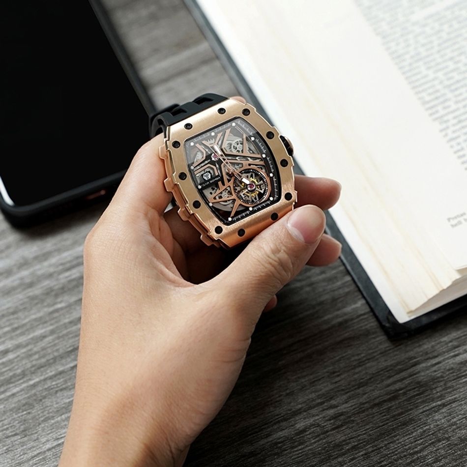 Tsar Bomba 機械公爵 | 元素系列 TB8209A-05 | 金色鋼錶框 黑色矽膠錶帶 鏤空錶盤 自動機械錶錶面細節