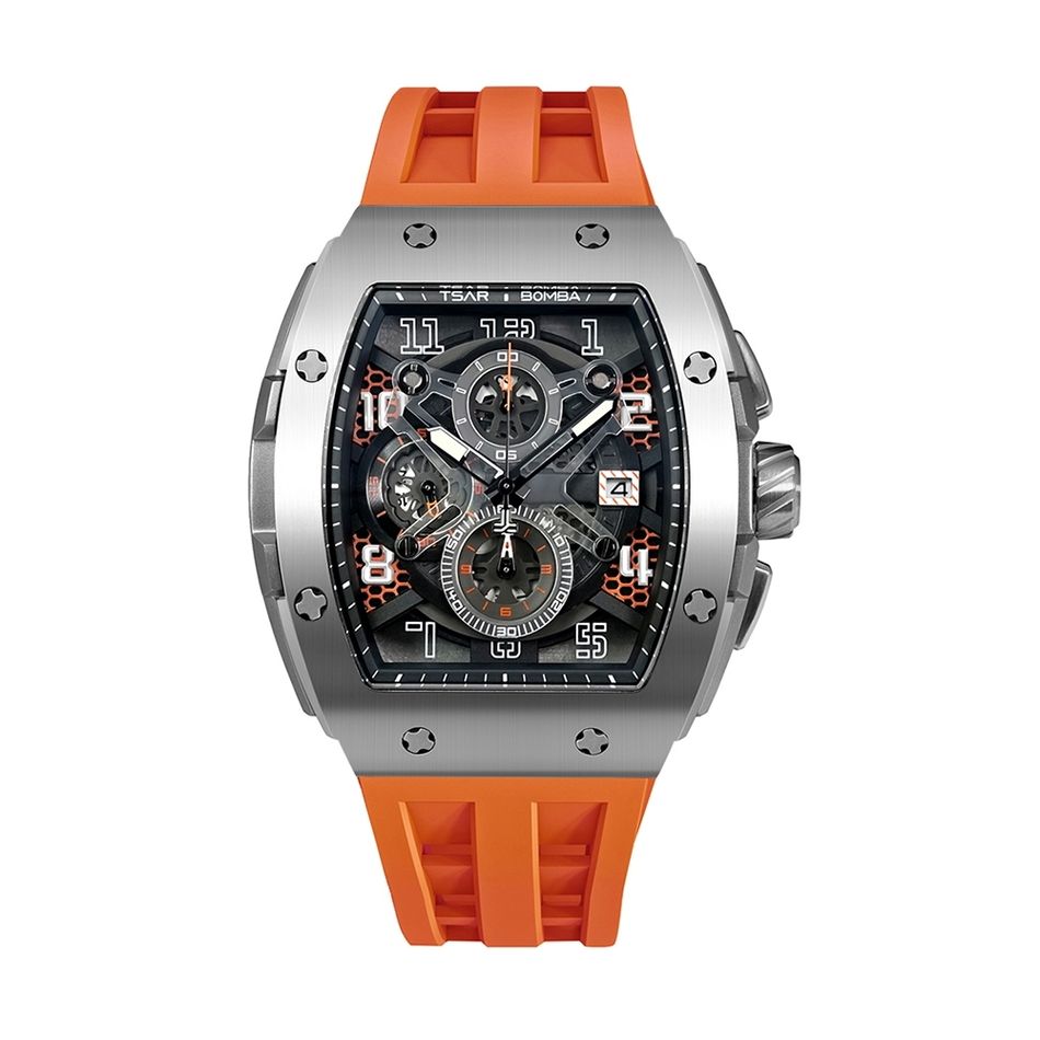 Tsar Bomba 機械公爵 | 元素系列 TB8211Q-02 | 銀錶框 橘色氟橡膠錶帶 鏤空錶盤 石英錶正面