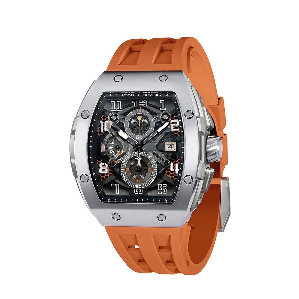 Tsar Bomba 機械公爵 | 元素系列 TB8211Q-02 | 銀錶框 橘色氟橡膠錶帶 鏤空錶盤 石英錶側面