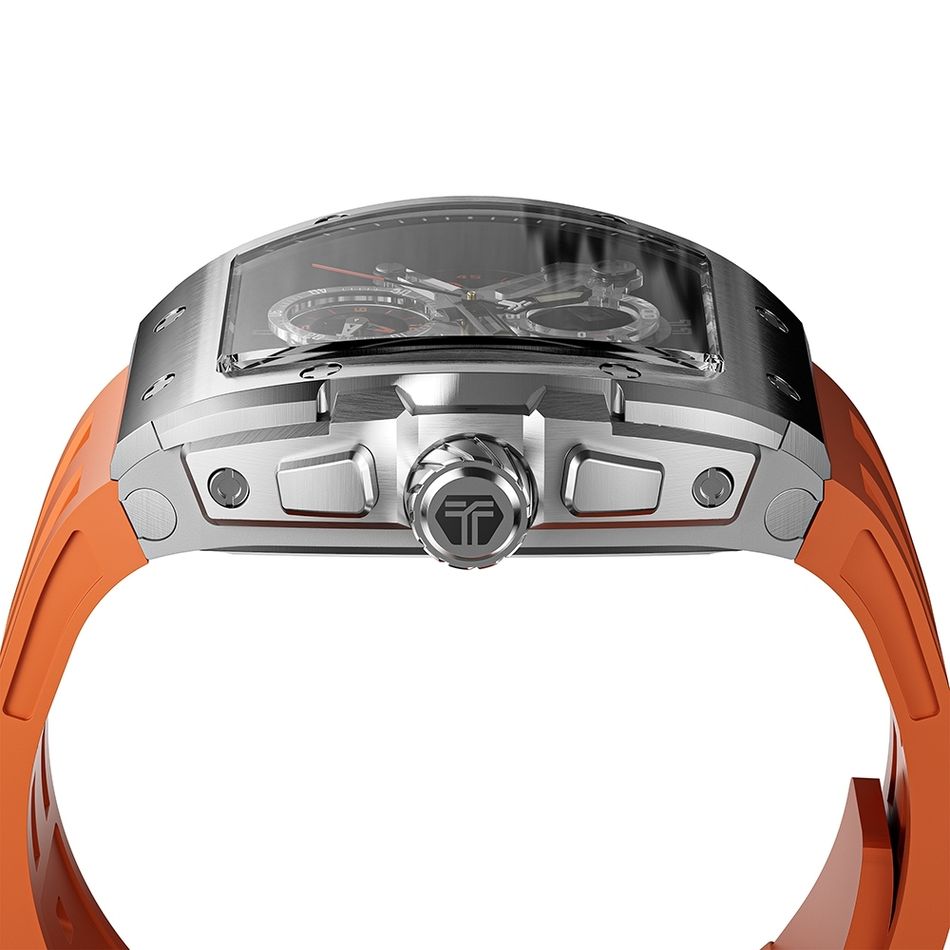 Tsar Bomba 機械公爵 | 元素系列 TB8211Q-02 | 銀錶框 橘色氟橡膠錶帶 鏤空錶盤 石英錶側面細節