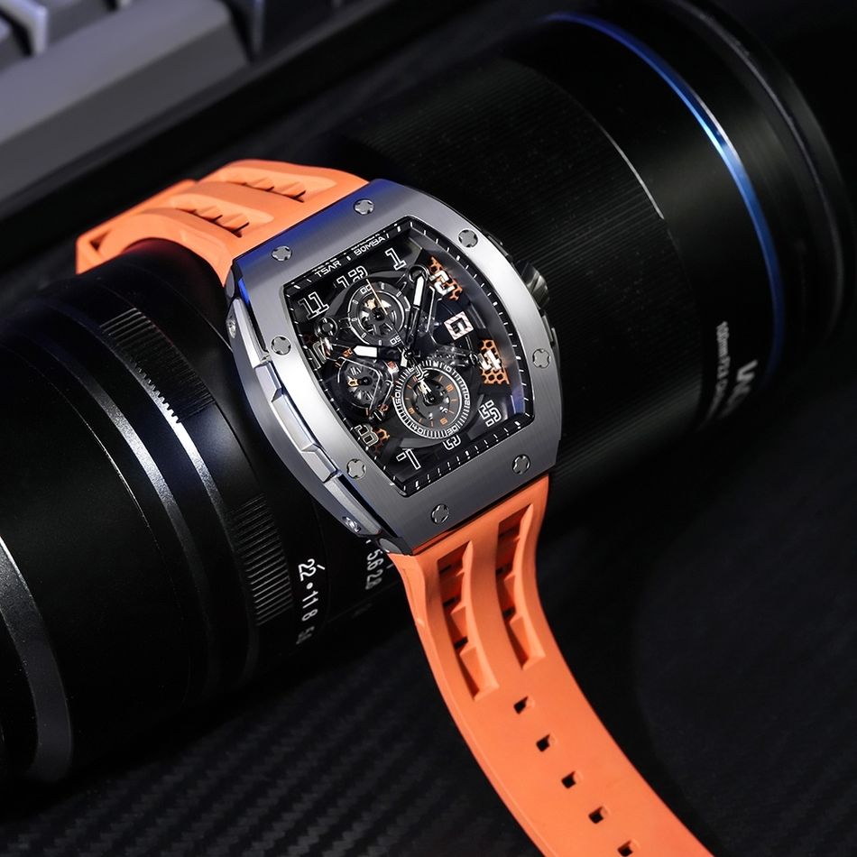 Tsar Bomba 機械公爵 | 元素系列 TB8211Q-02 | 銀錶框 橘色氟橡膠錶帶 鏤空錶盤 石英錶左側平攤