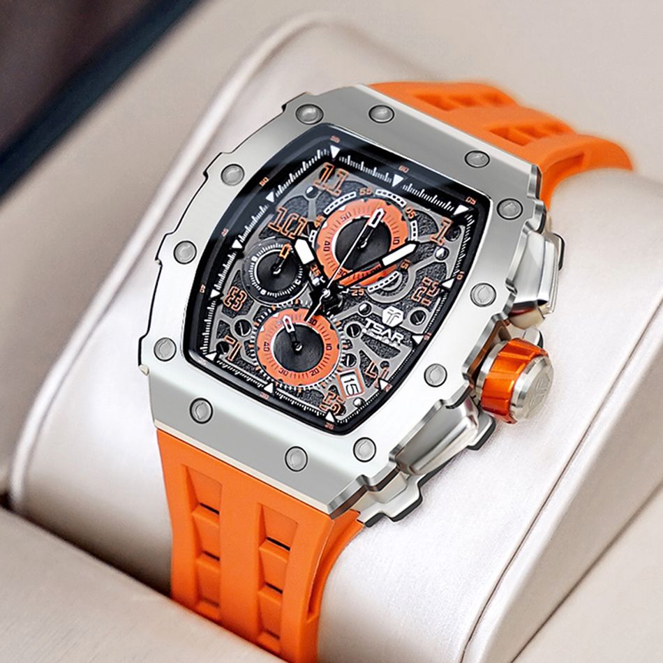 Tsar Bomba 機械公爵 | 元素系列 TB8204Q-11/32 | 日曆版 銀框 橘色矽膠錶帶 石英錶又側錶面細節