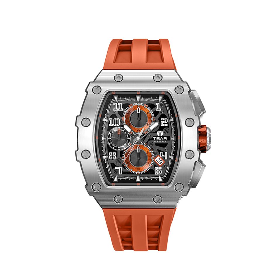 Tsar Bomba 機械公爵 | 元素系列 TB8204Q-11/32 | 日曆版 銀框 橘色矽膠錶帶 石英錶正面