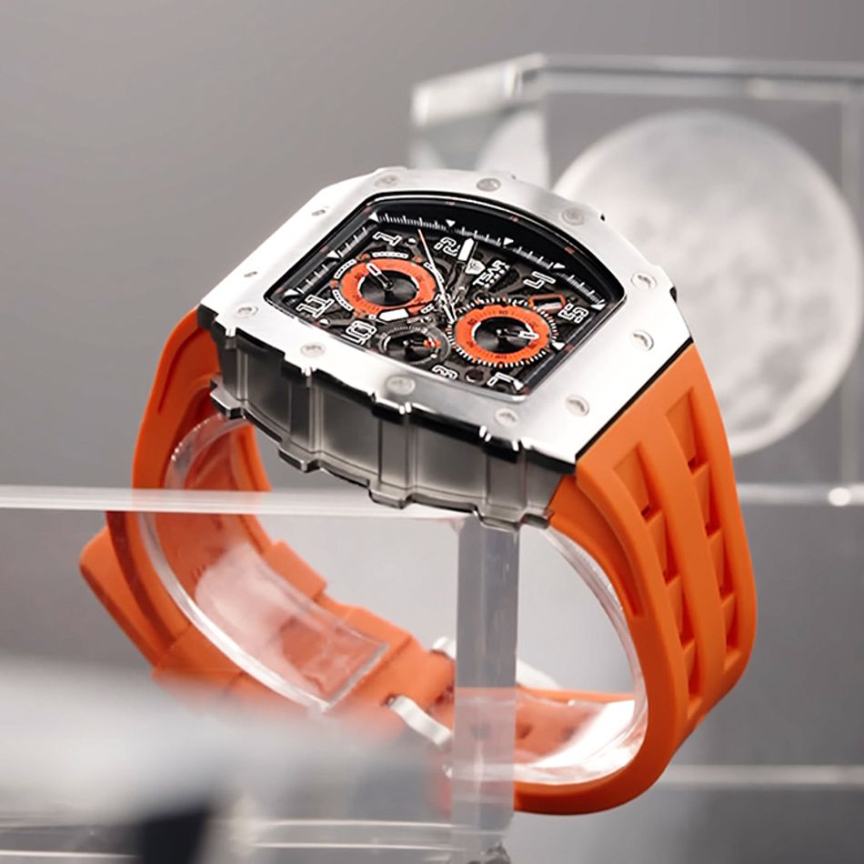 Tsar Bomba 機械公爵 | 元素系列 TB8204Q-11/32 | 日曆版 銀框 橘色矽膠錶帶 石英錶左側展示