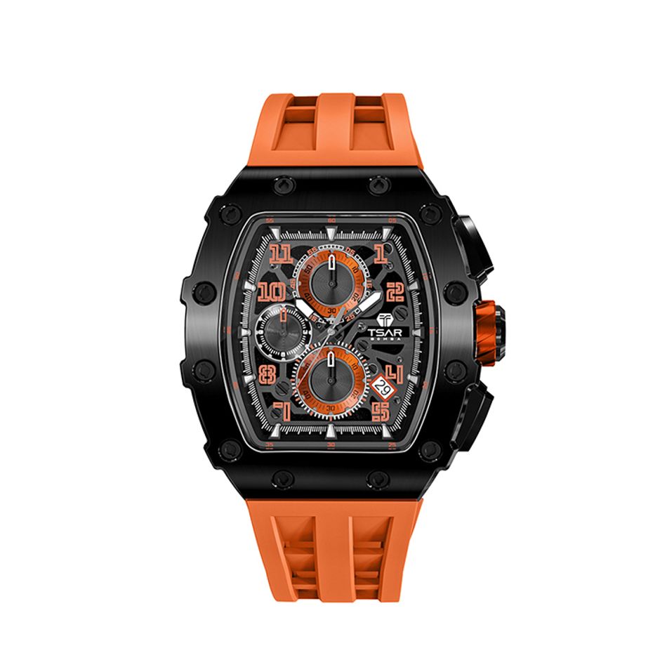 Tsar Bomba 機械公爵 | 元素系列 TB8204Q-12 | 日曆版 黑框 橘色矽膠錶帶 石英錶正面