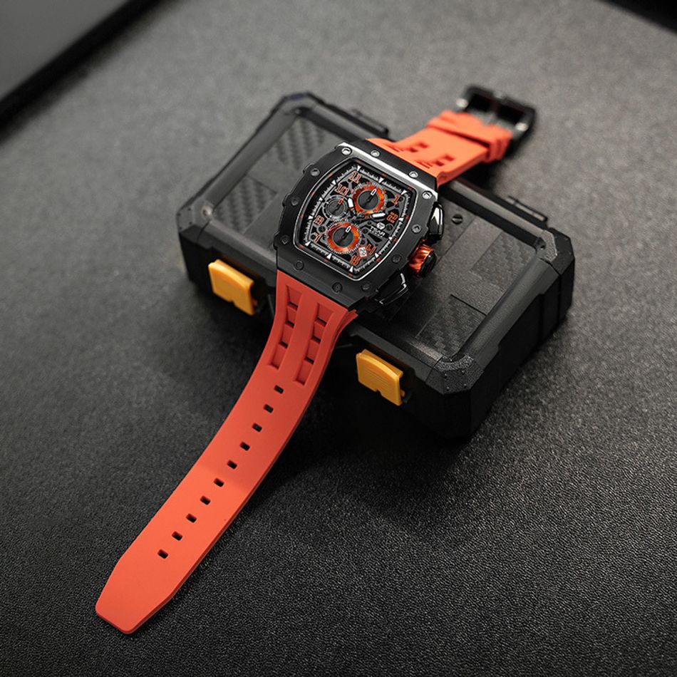 Tsar Bomba 機械公爵 | 元素系列 TB8204Q-12 | 日曆版 黑框 橘色矽膠錶帶 石英錶平攤展示