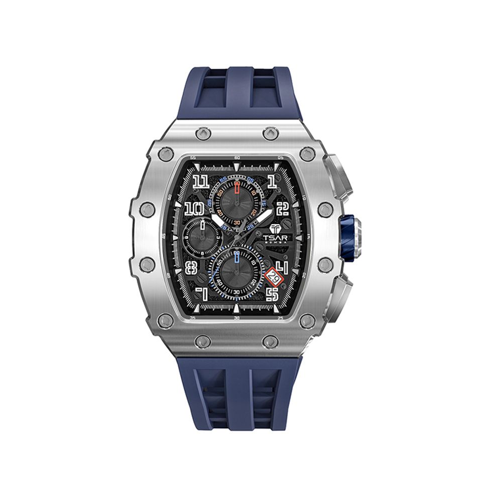 Tsar Bomba 機械公爵 | 元素系列 TB8204Q-14/34 | 日曆版 銀框 藍色矽膠錶帶 石英錶正面