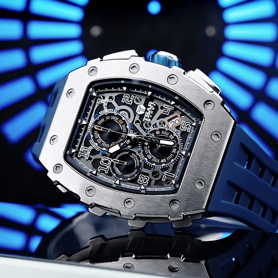 Tsar Bomba 機械公爵 | 元素系列 TB8204Q-14/34 | 日曆版 銀框 藍色矽膠錶帶 石英錶橫躺錶面細節