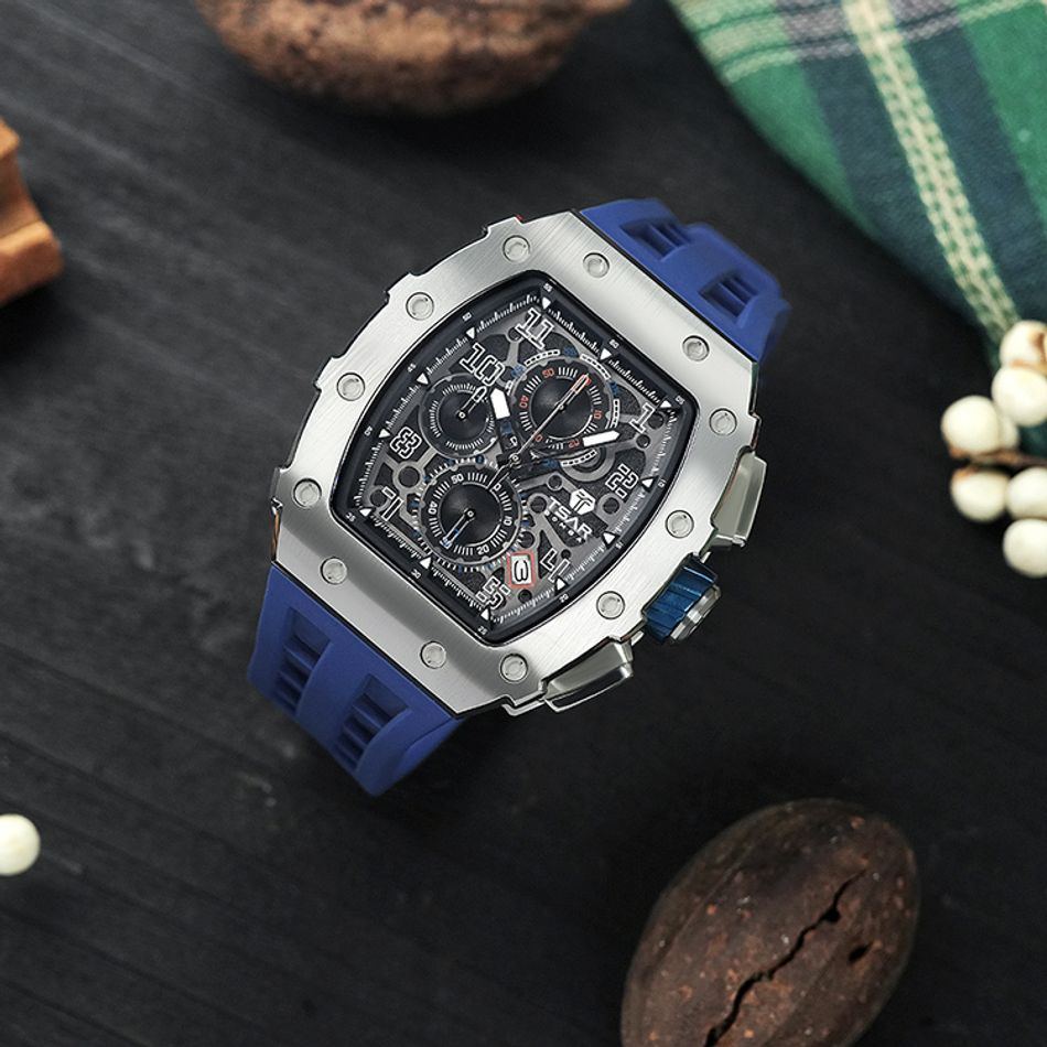 Tsar Bomba 機械公爵 | 元素系列 TB8204Q-14/34 | 日曆版 銀框 藍色矽膠錶帶 石英錶右側展示