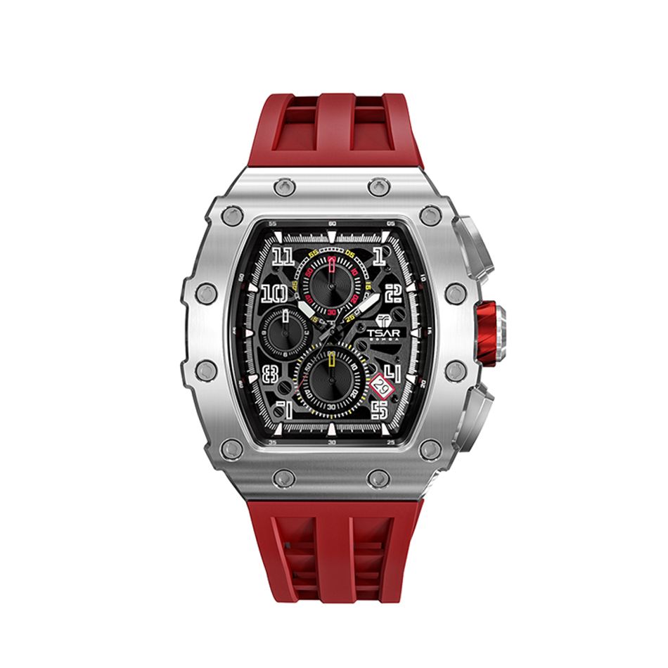 Tsar Bomba 機械公爵 | 元素系列 TB8204Q-15/33 | 日曆版 銀框 紅色矽膠錶帶 石英錶正面