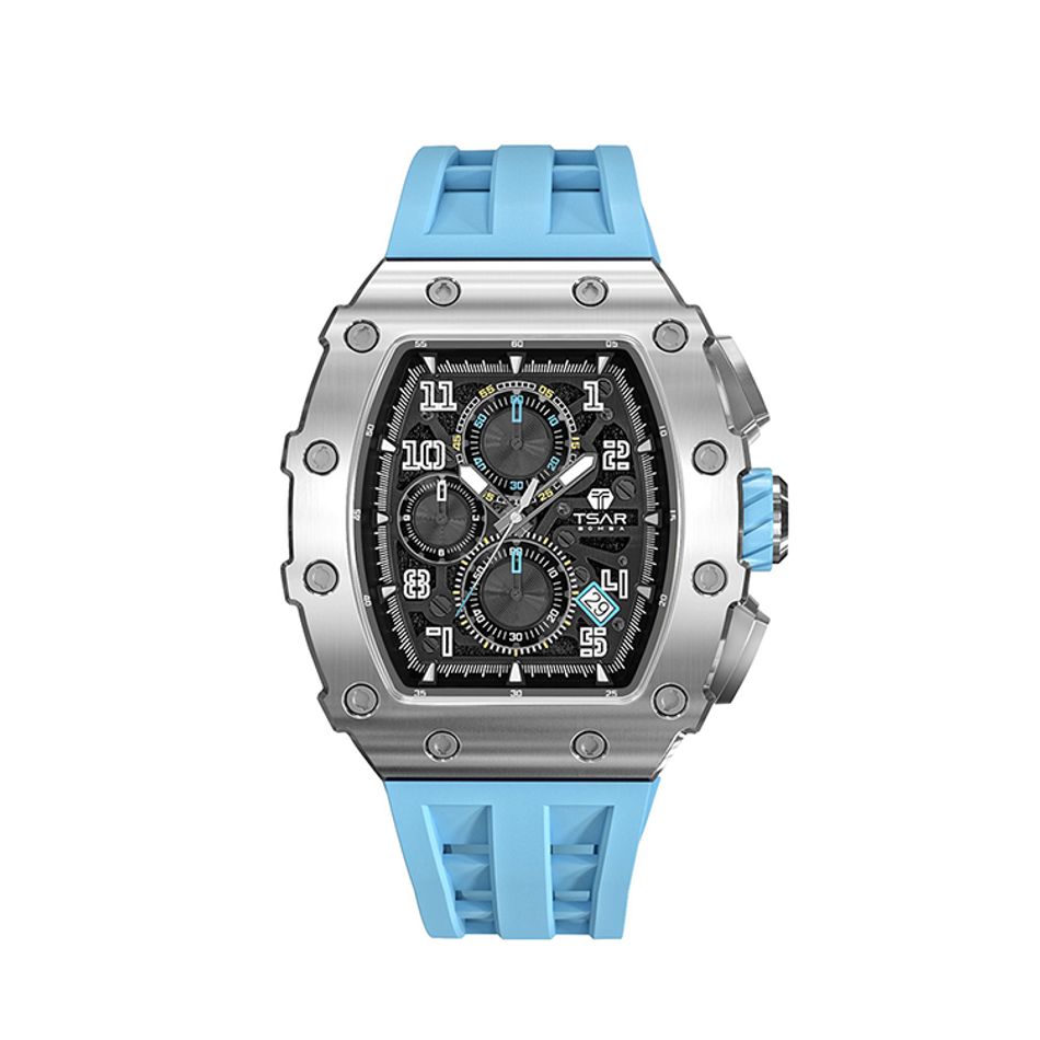 Tsar Bomba 機械公爵 | 元素系列 TB8204Q-16/36 | 日曆版 銀框 天藍色矽膠錶帶 石英錶正面
