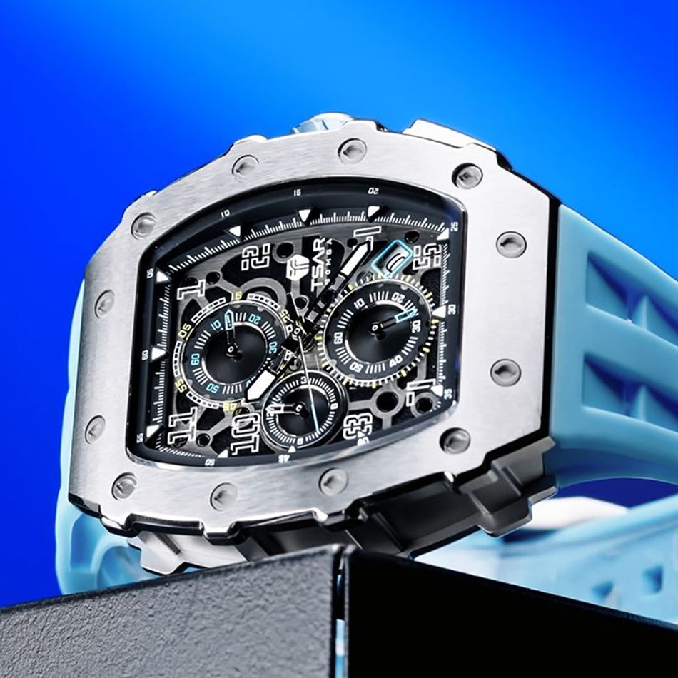 Tsar Bomba 機械公爵 | 元素系列 TB8204Q-16/36 | 日曆版 銀框 天藍色矽膠錶帶 石英錶橫躺錶面細節