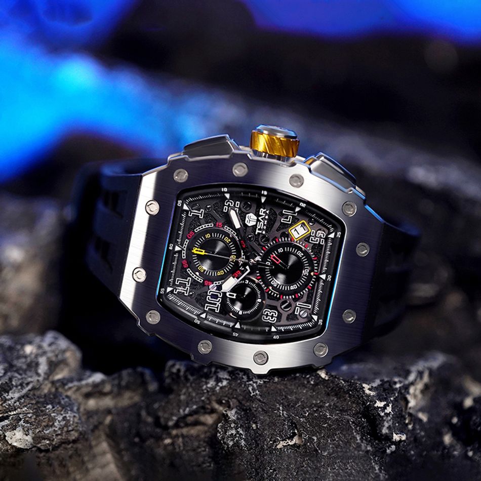 Tsar Bomba 機械公爵 | 元素系列 TB8204Q-13/31 | 日曆版 銀框 黑色矽膠錶帶橫躺展示