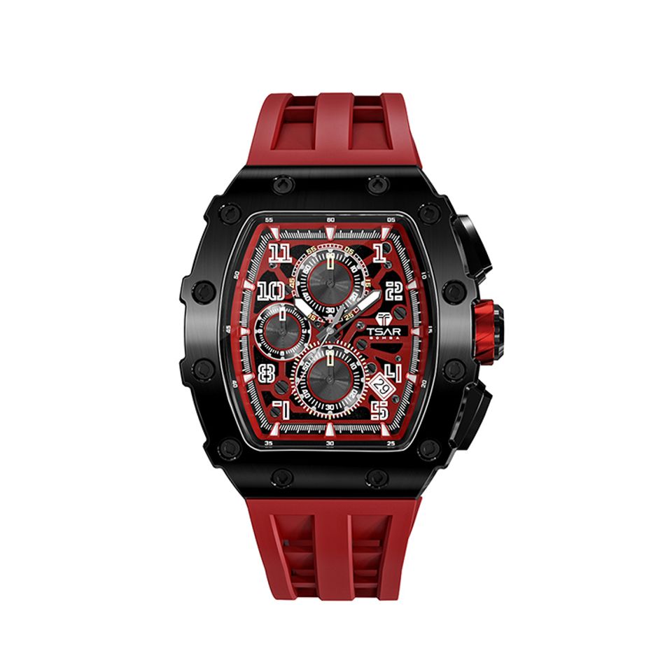 Tsar Bomba 機械公爵 | 元素系列 TB8204Q-09/-37 | 日曆版 黑框 紅色矽膠錶帶 石英錶正面